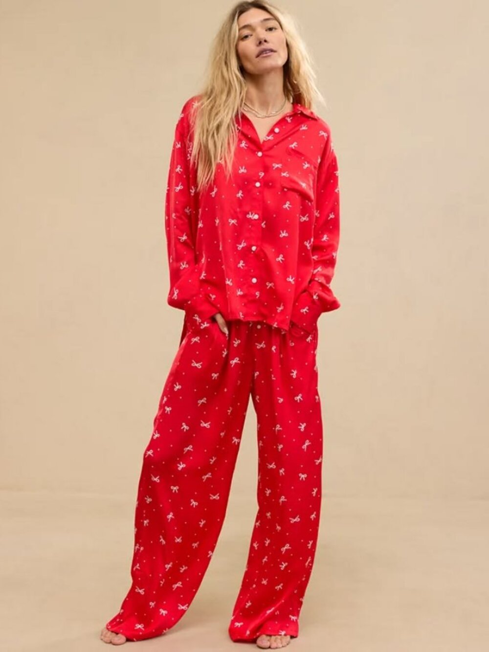 Aerie Women's Red Bow Holiday Print Pajama PJ Lounge Set Size XL